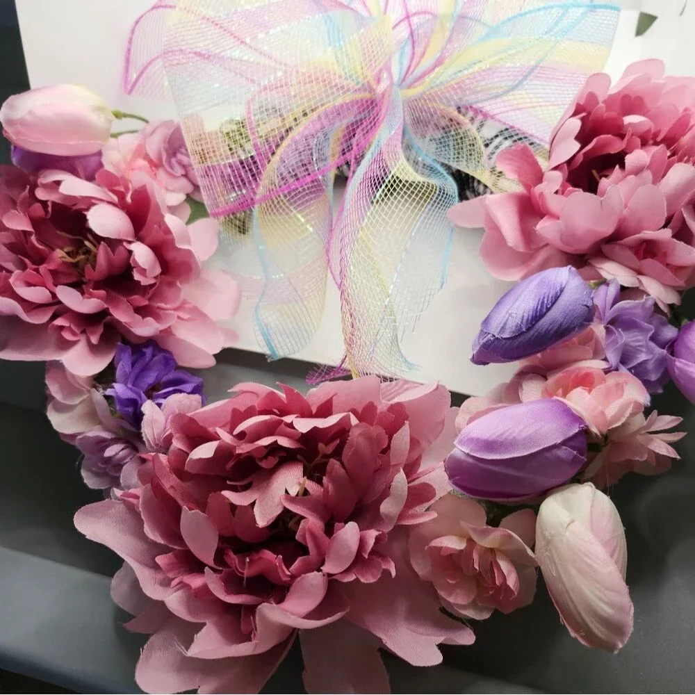 Hand Crafted Pink Peony Tulip Floral Wreath Spring Door Wall Decoration